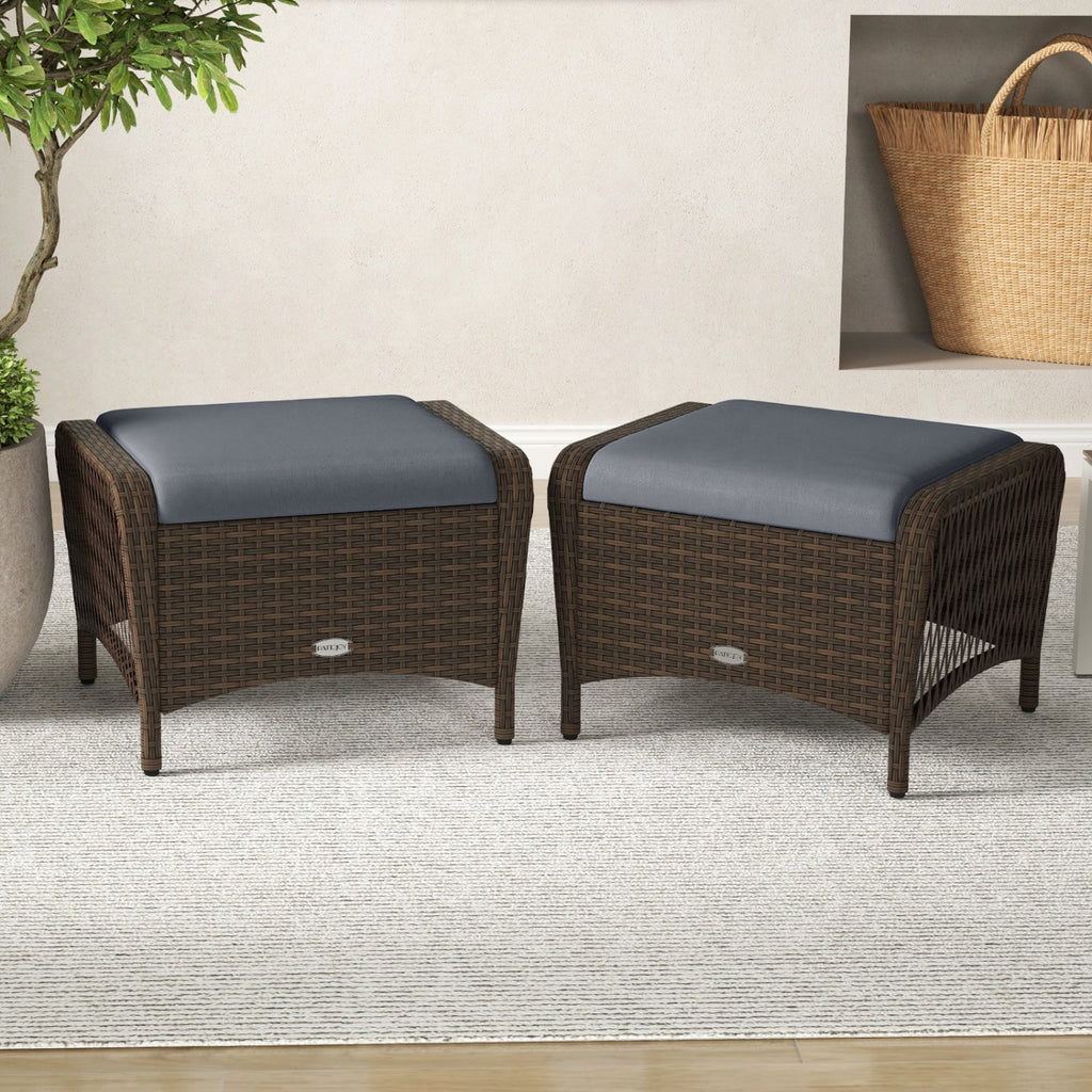 Outdoor PE Wicker Ottomans Set of 2 with Removable Cushions