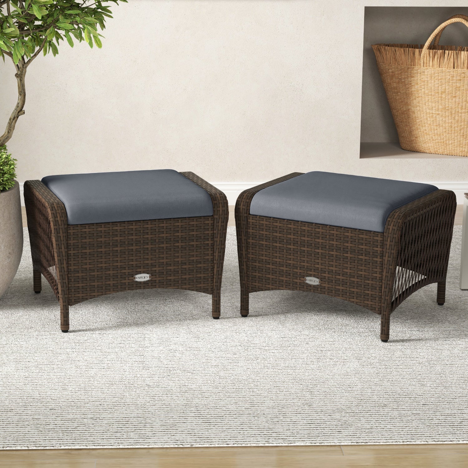 Outdoor PE Wicker Ottomans Set of 2 with Removable Cushions