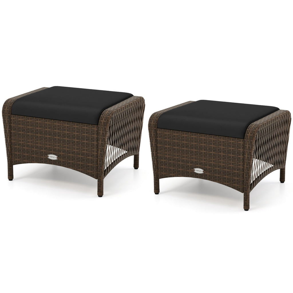 Outdoor PE Wicker Ottomans Set of 2 with Removable Cushions
