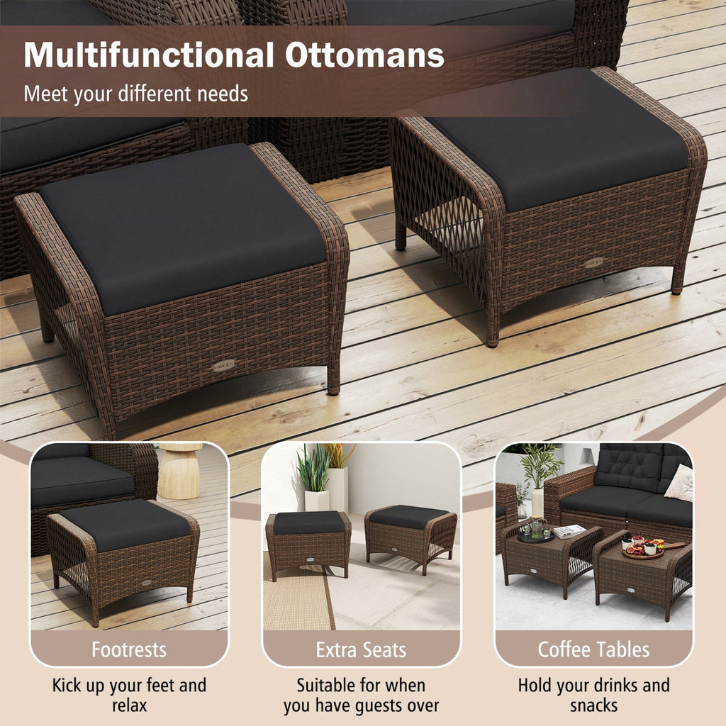 Outdoor PE Wicker Ottomans Set of 2 with Removable Cushions
