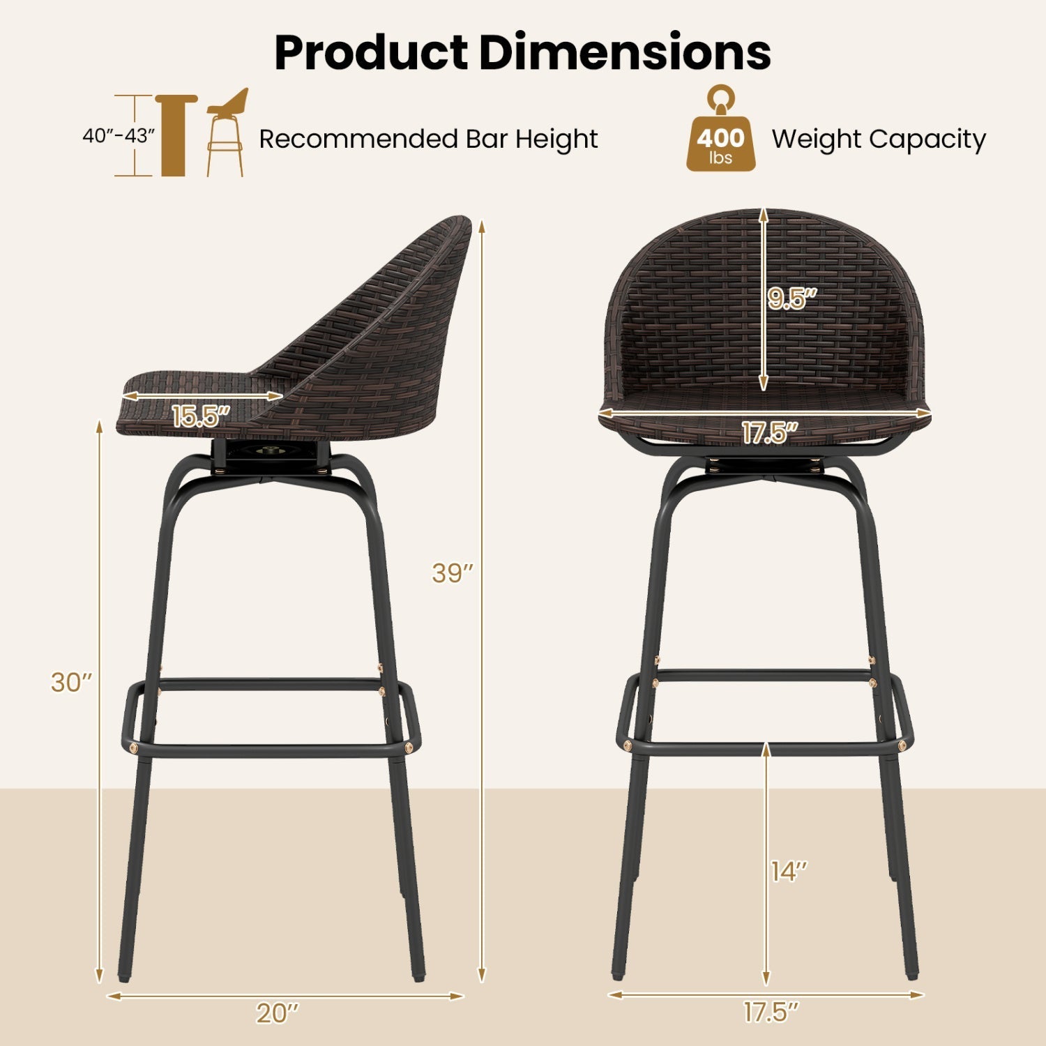 Swivel Patio Bar Stools Set of 2 with Rattan Seat 400 LBS