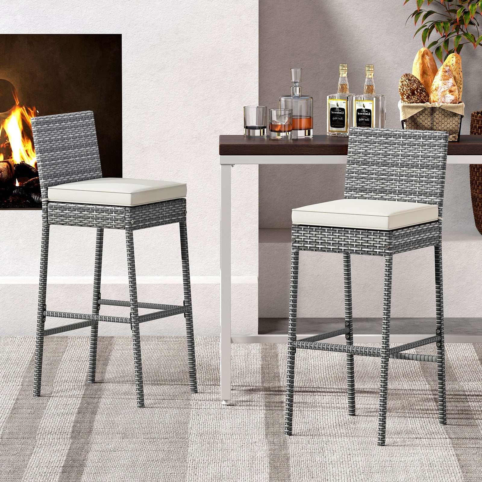 Set of 2/4 Patio Wicker Barstools with Soft Seat Cushion and Cozy Footrest