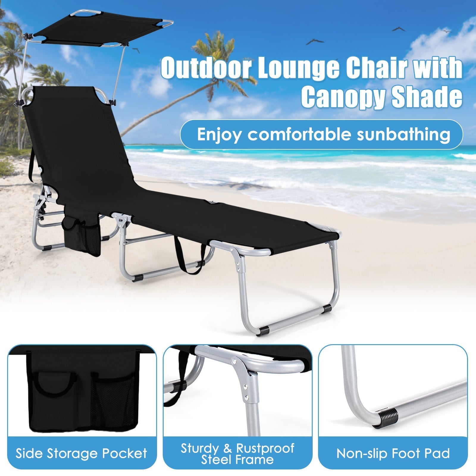 Set of 2 Portable Reclining Chair with 5 Adjustable Positions