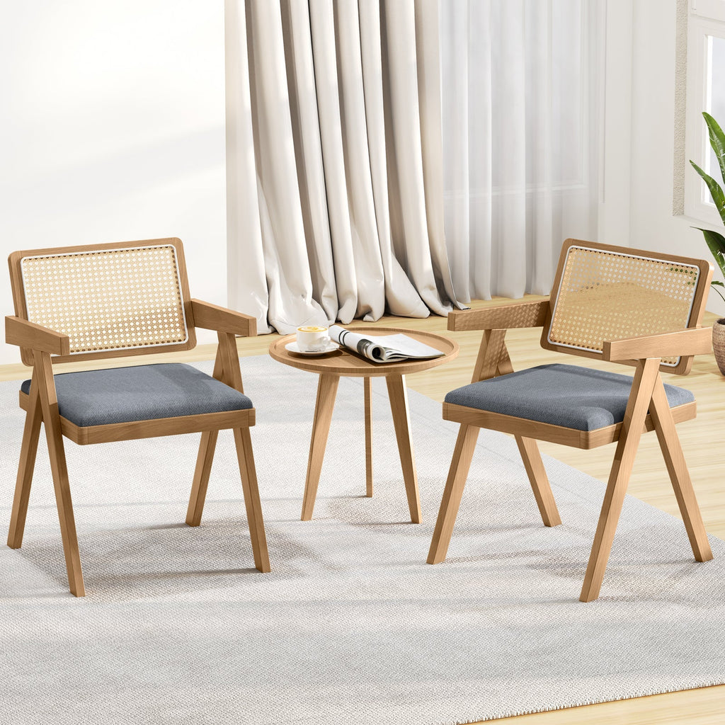 Set of 2 Rattan Accent Chairs with Padded Cushion and Rubber Wood Frame