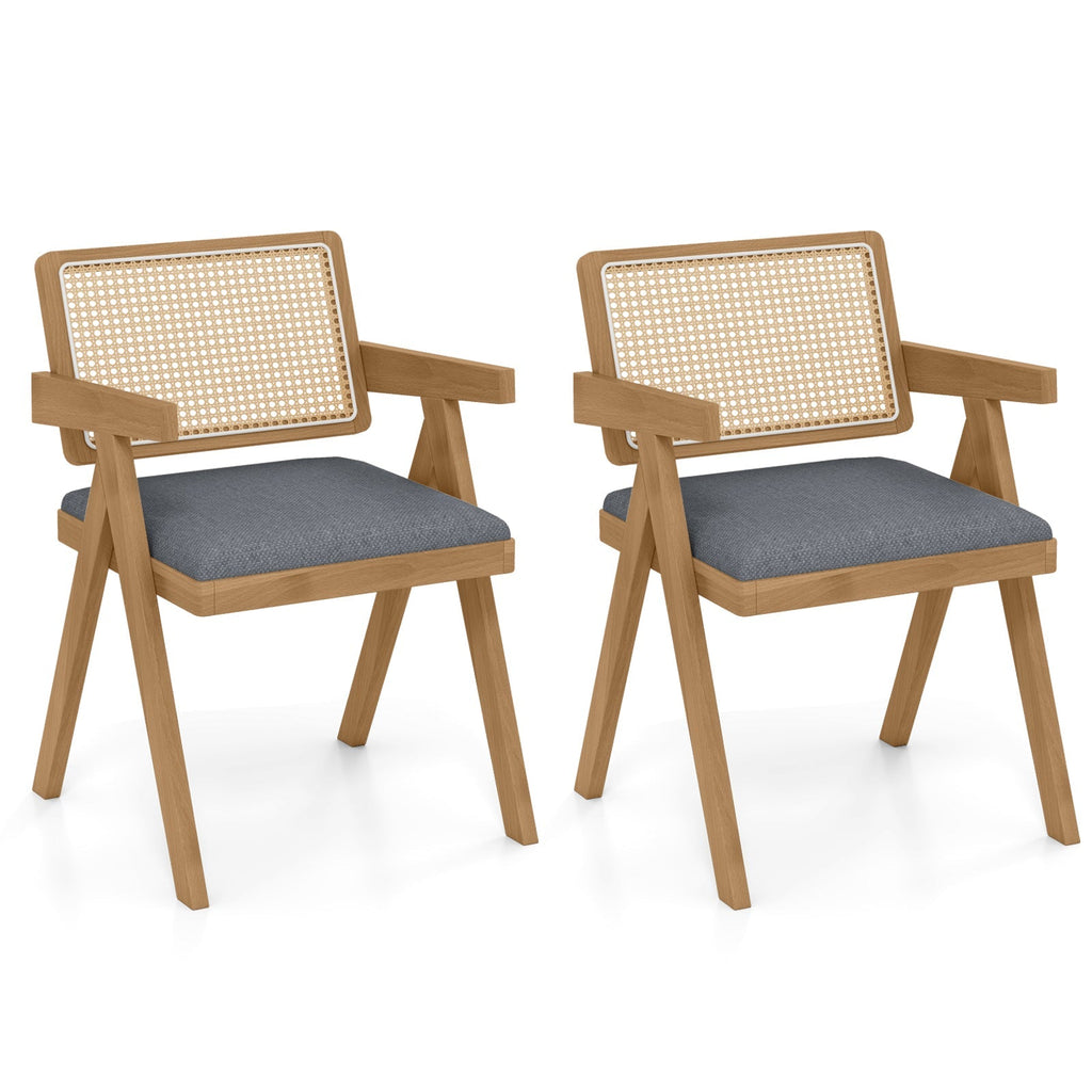 Set of 2 Rattan Accent Chairs with Padded Cushion and Rubber Wood Frame