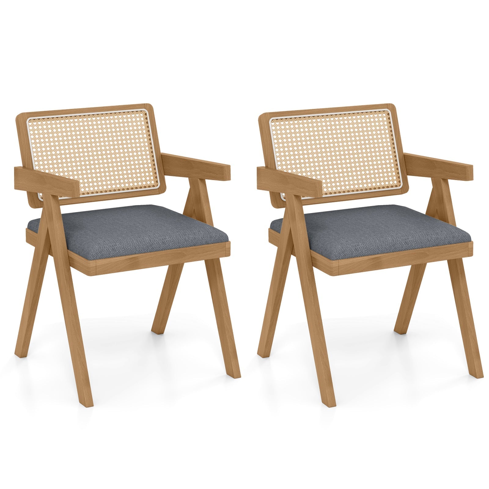 Set of 2 Rattan Accent Chairs with Padded Cushion and Rubber Wood Frame