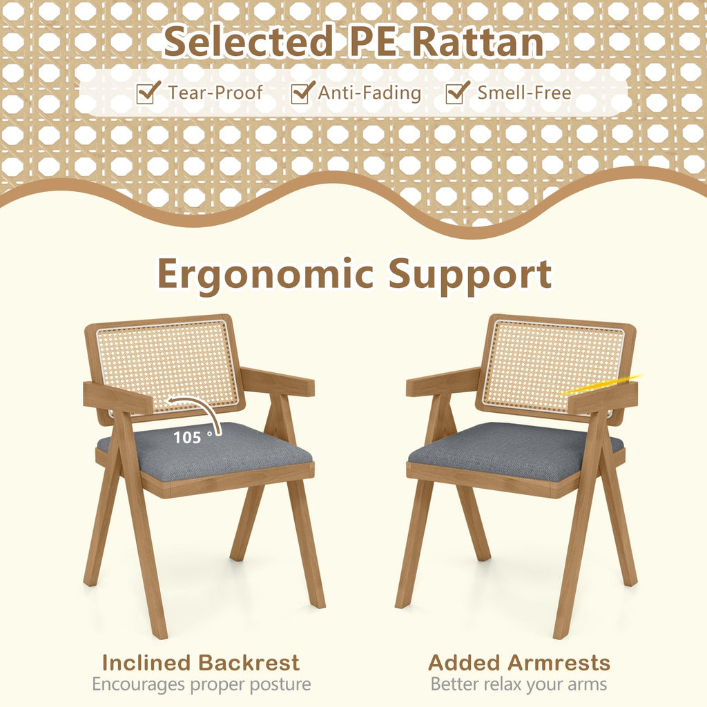 Set of 2 Rattan Accent Chairs with Padded Cushion and Rubber Wood Frame