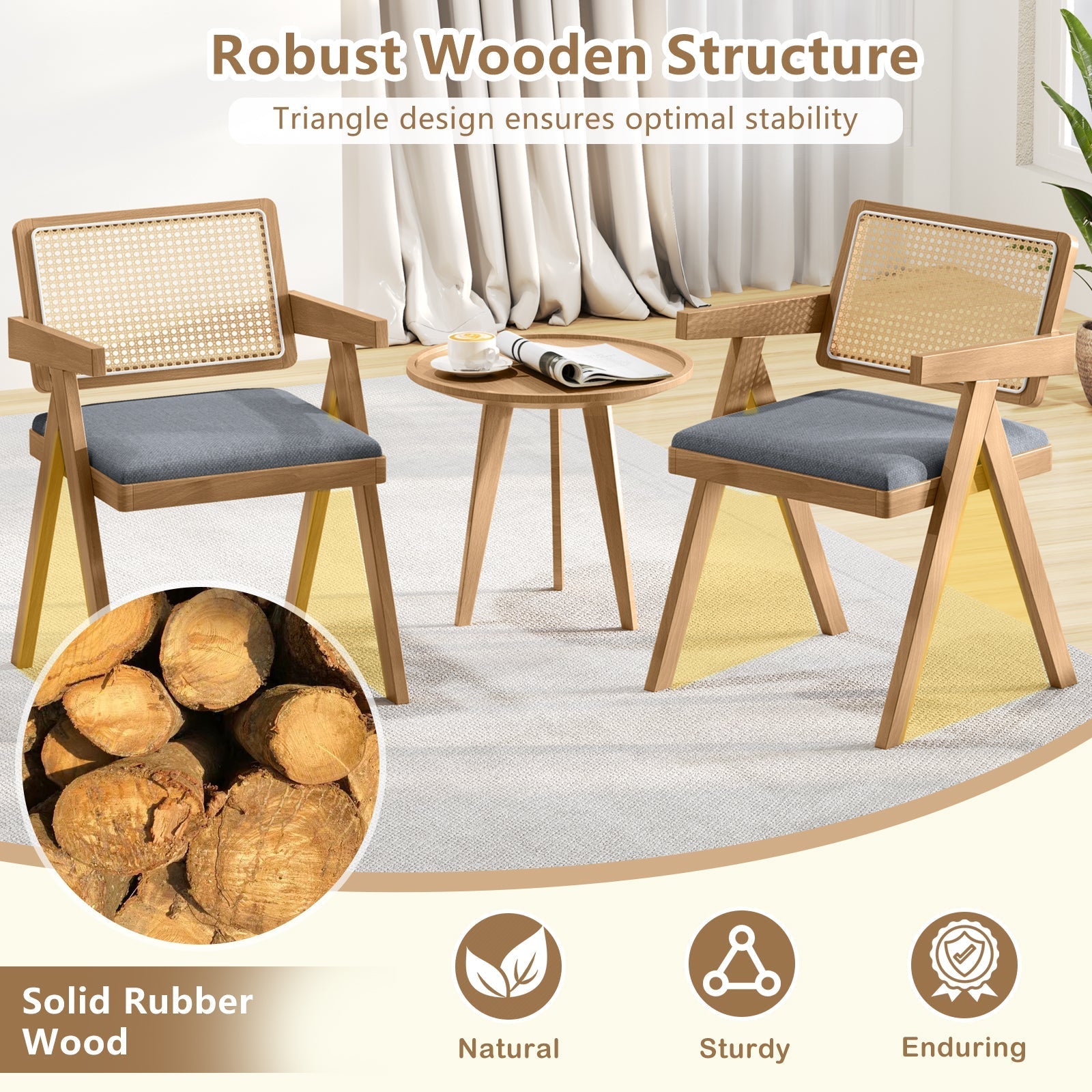 Set of 2 Rattan Accent Chairs with Padded Cushion and Rubber Wood Frame