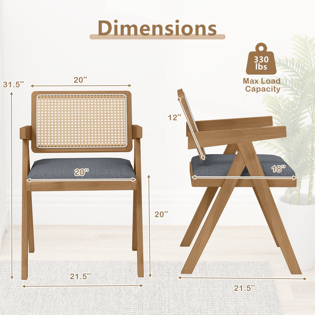 Set of 2 Rattan Accent Chairs with Padded Cushion and Rubber Wood Frame