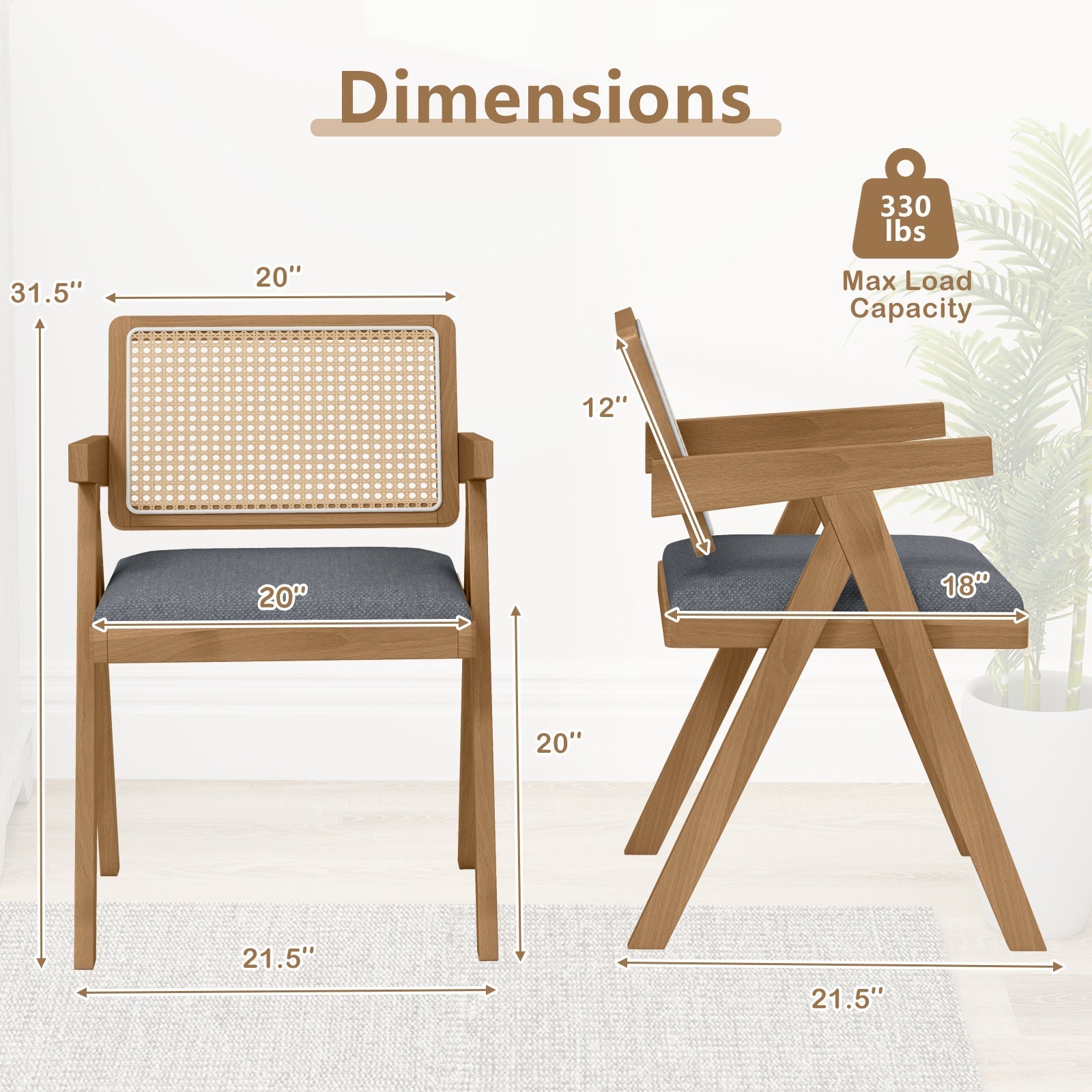 Set of 2 Rattan Accent Chairs with Padded Cushion and Rubber Wood Frame