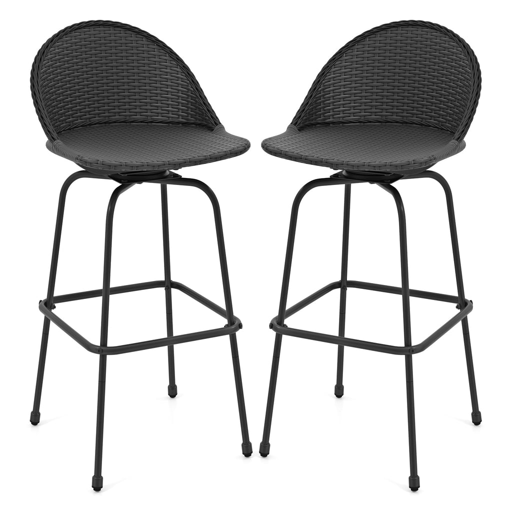 Set of 2 Rattan Swivel Barstools with Curved Back-Black