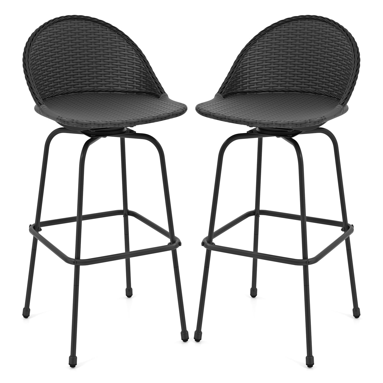 Set of 2 Rattan Swivel Barstools with Curved Back-Black
