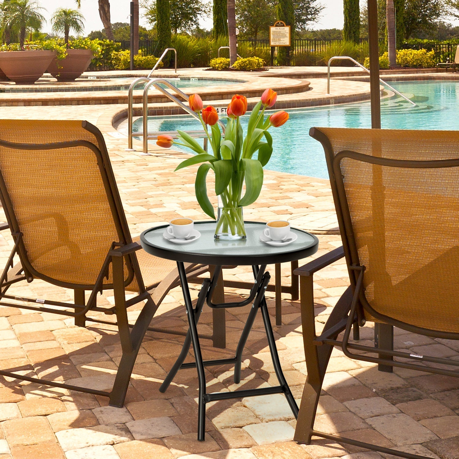 Round Folding Patio Side Tables with Tempered Glass Top
