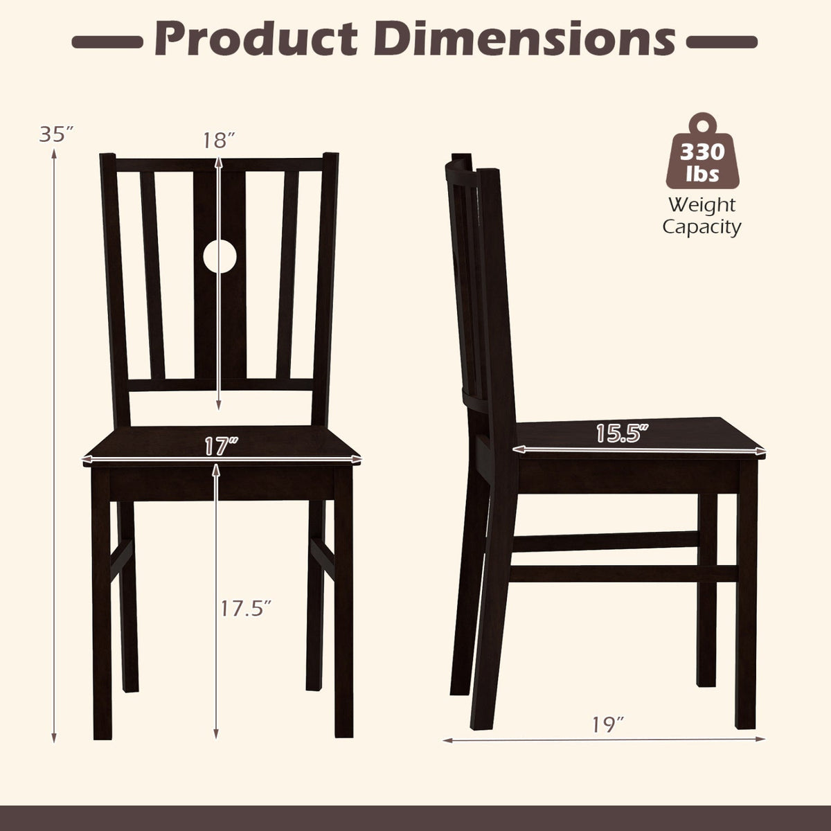 Solid Rubber Wood Dining Chairs Set of 2 with Slatted Back
