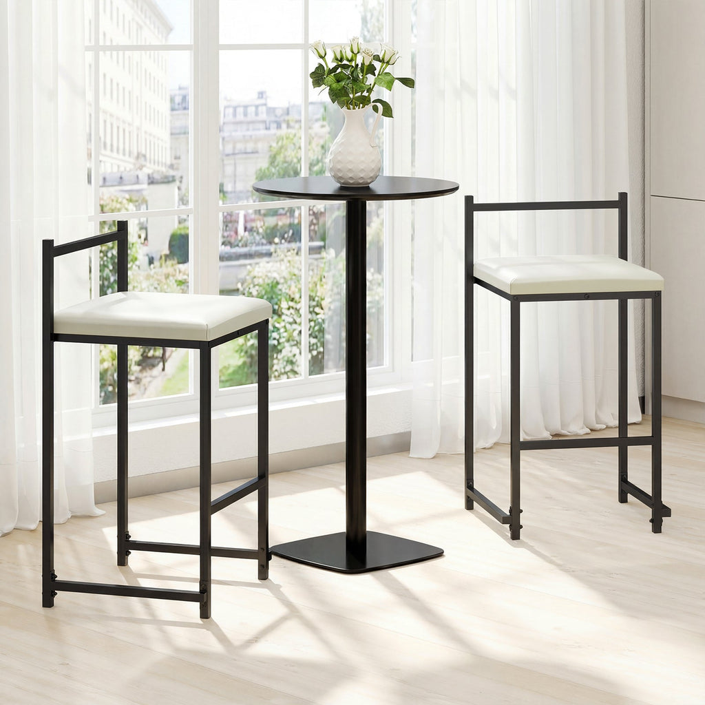 Set of 2 Stackable Counter Height Bar Stools PU Leather Upholstered with Footrest-Black