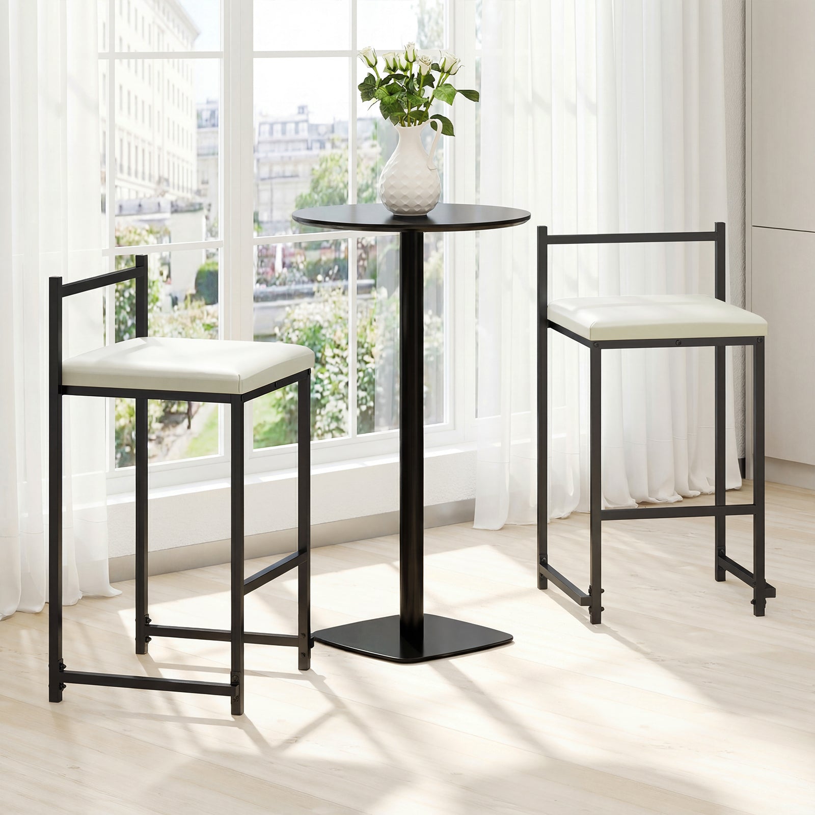 Set of 2 Stackable Counter Height Bar Stools PU Leather Upholstered with Footrest-Black