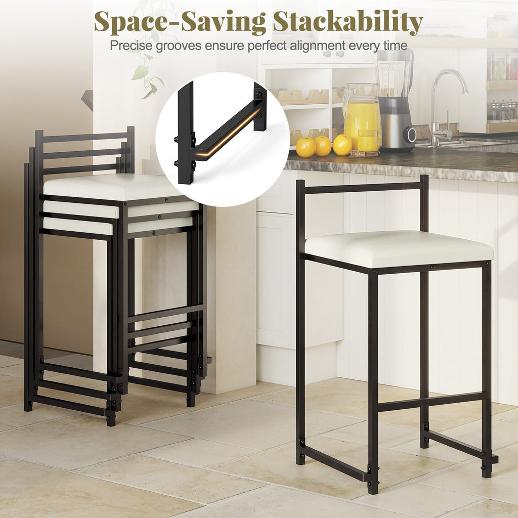 Set of 2 Stackable Counter Height Bar Stools PU Leather Upholstered with Footrest-Black