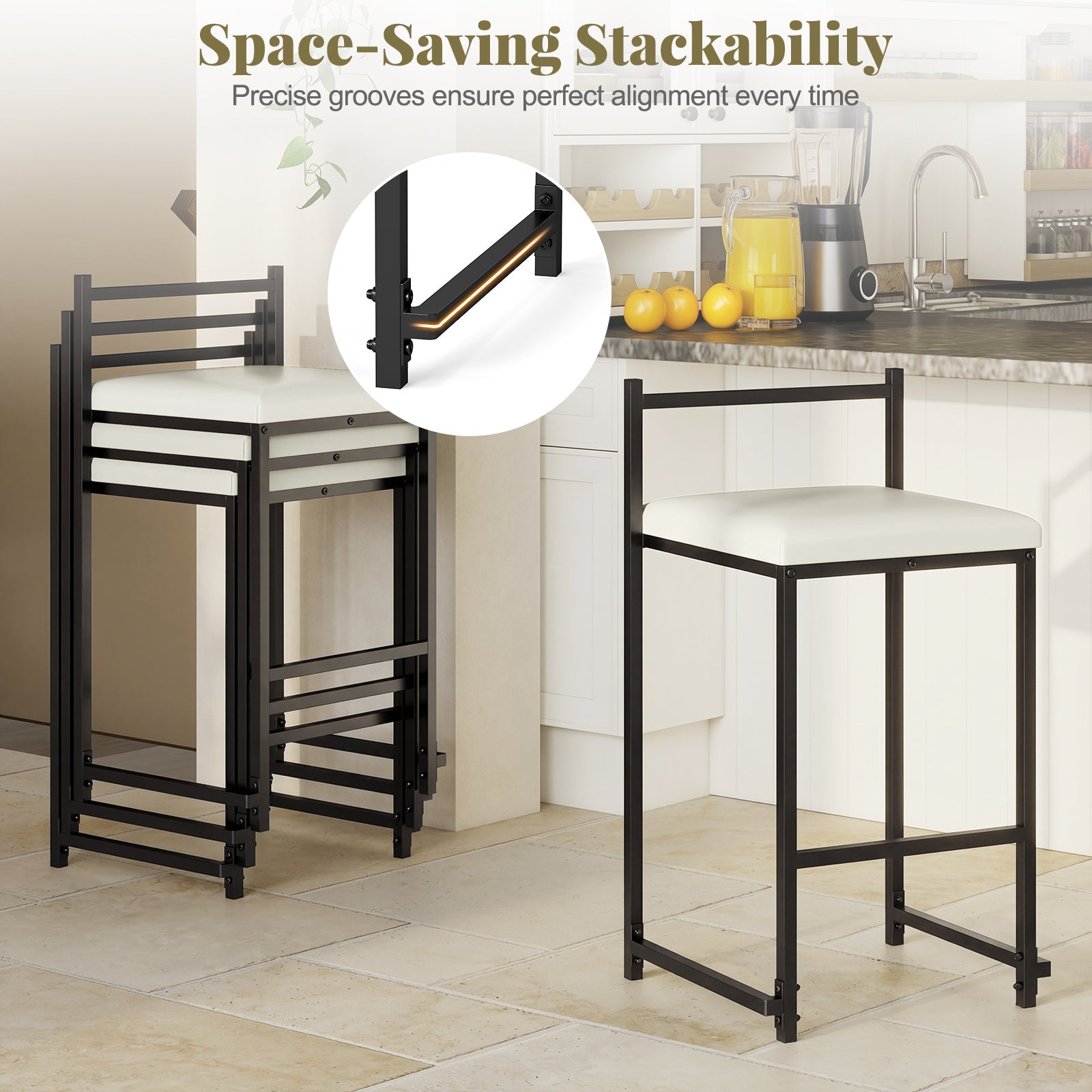 Set of 2 Stackable Counter Height Bar Stools PU Leather Upholstered with Footrest-Black
