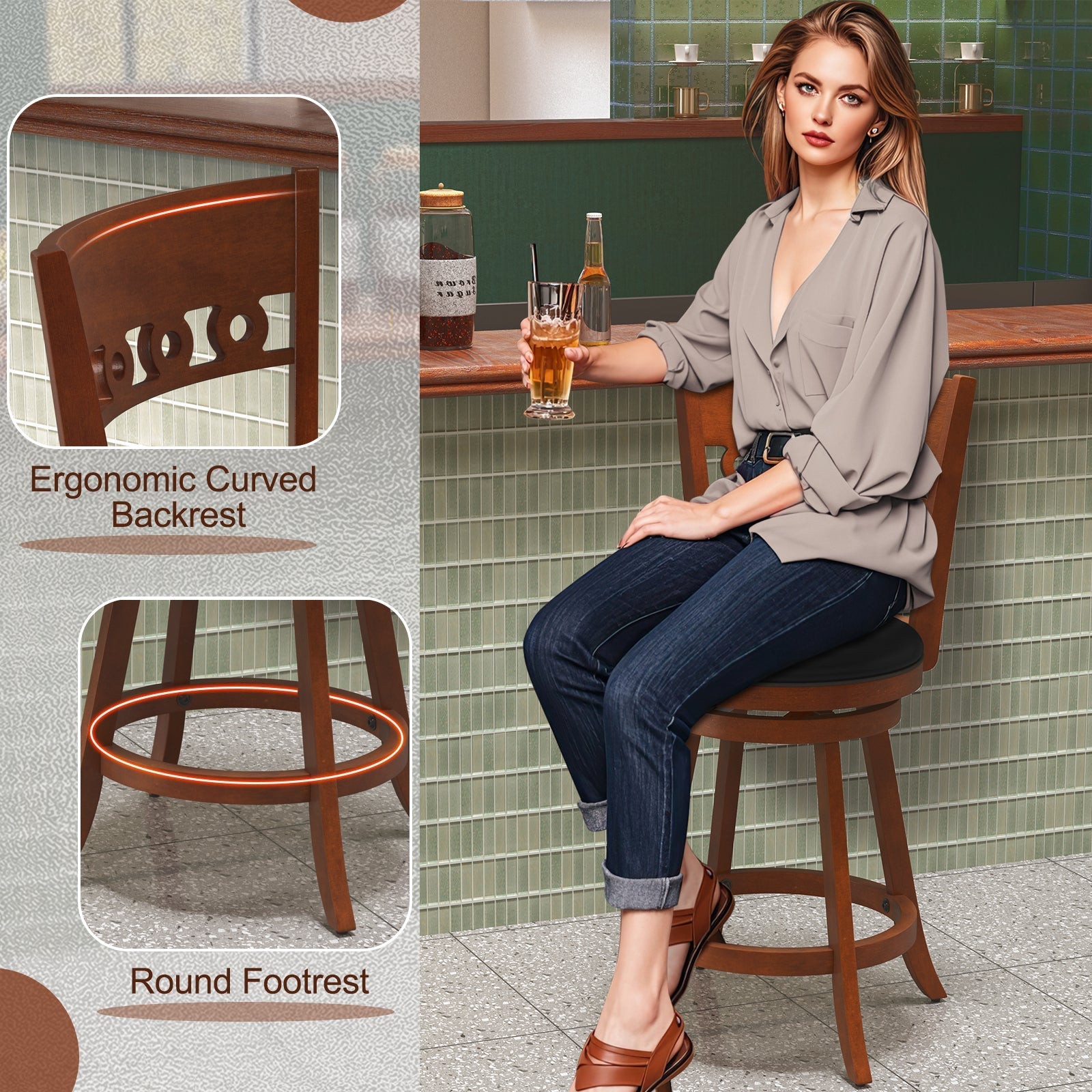 Set of 2 Swivel Bar Stools with Rubber Wood Frame