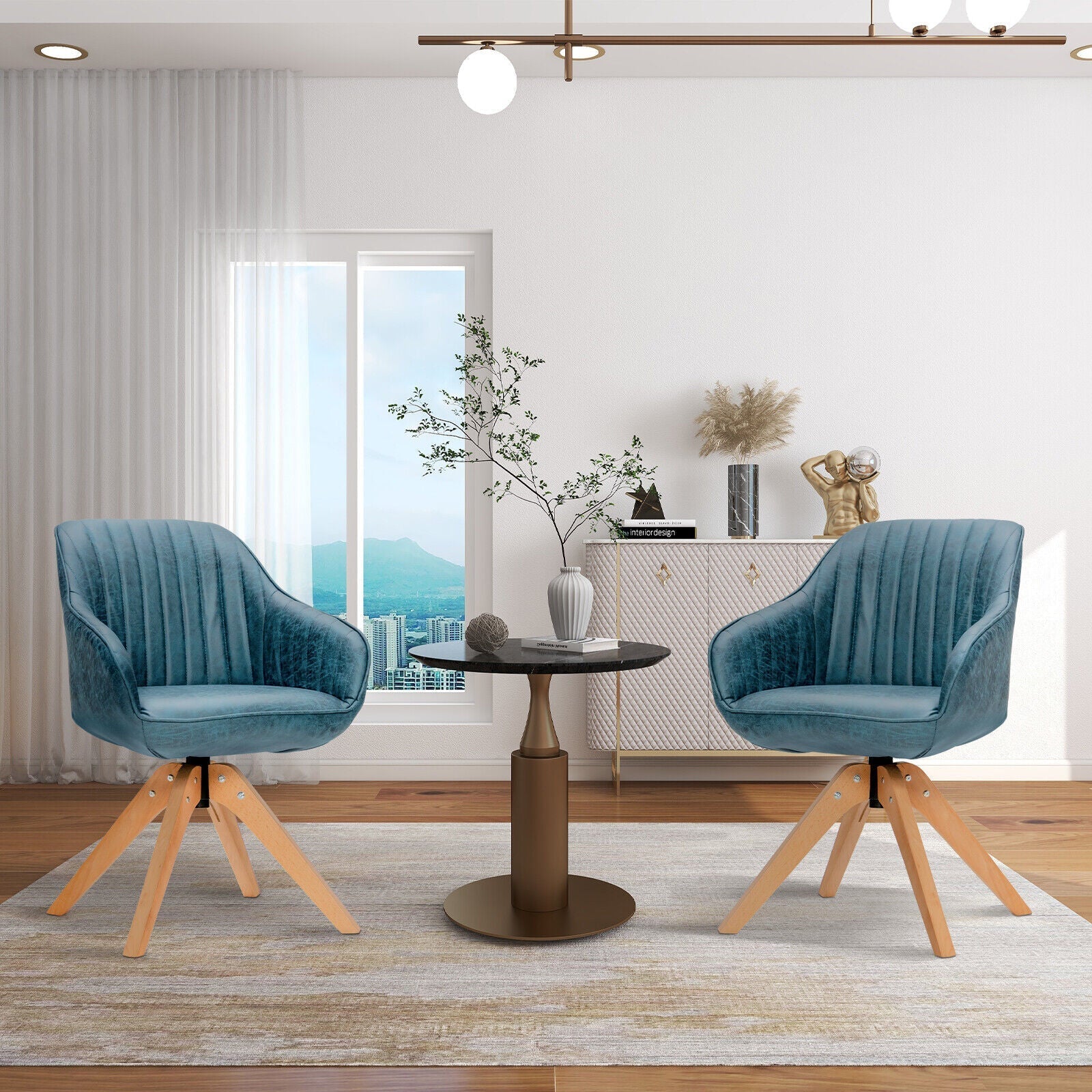 Modern Leathaire Set of 2 Swivel Accent Chair with Beech Wood Legs