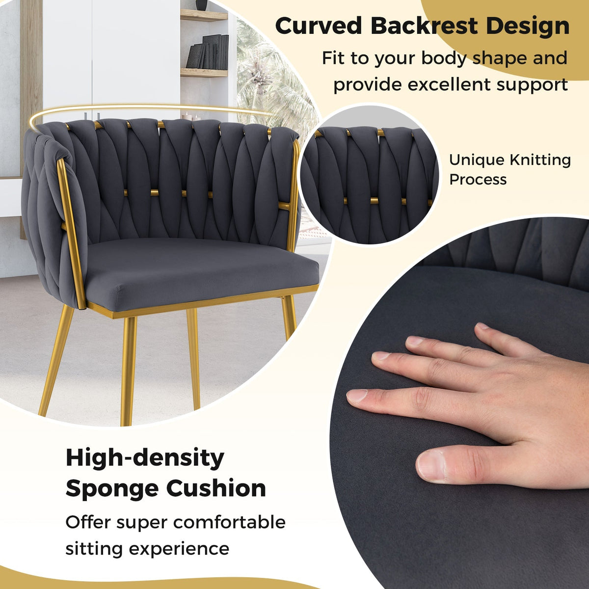 Set of 2 Upholstered Dining Chair w/ Curved Backrest and Metal Tubes