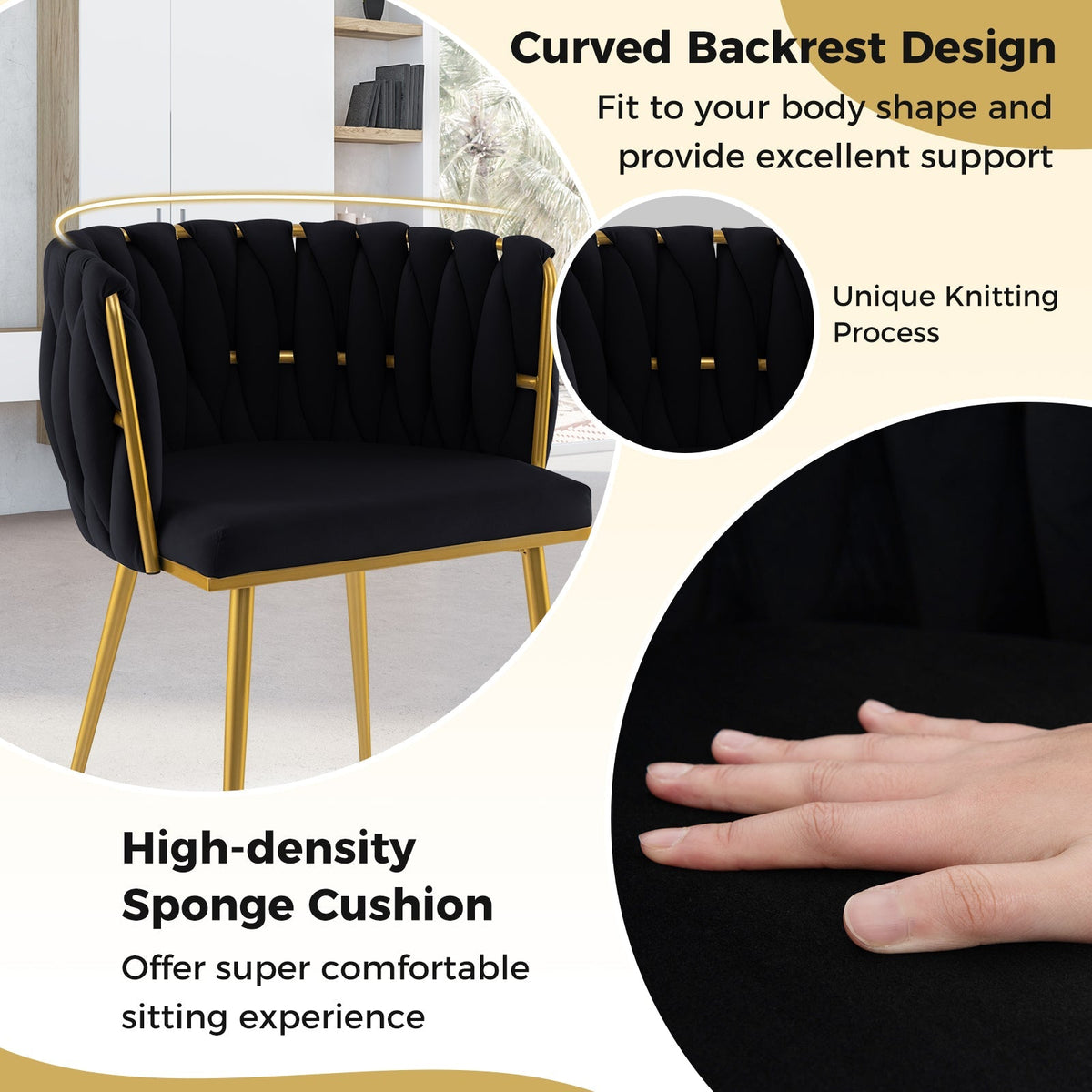 Set of 2 Upholstered Dining Chair w/ Curved Backrest and Metal Tubes