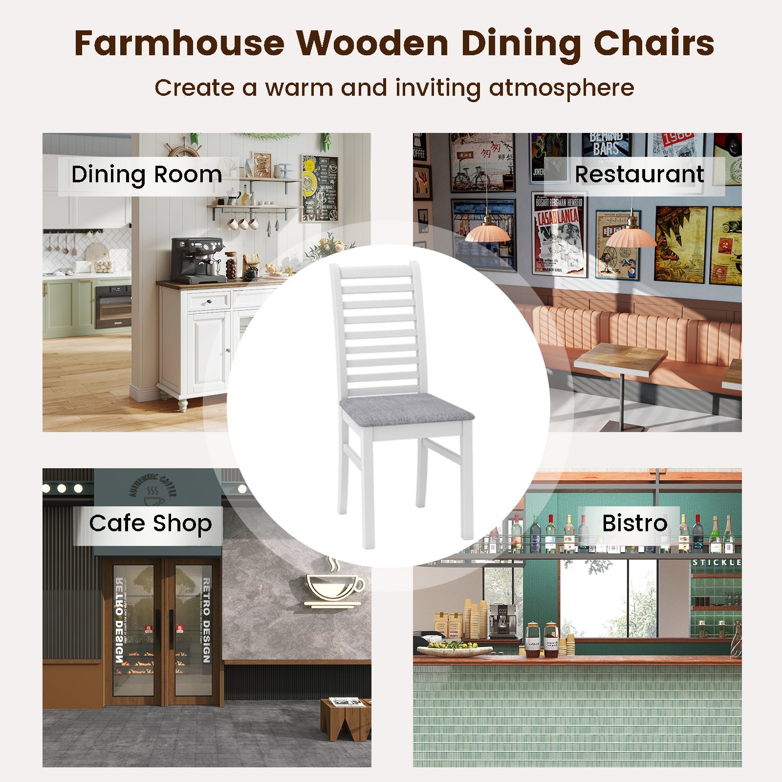 Set of 2 Wooden Dining Chair with Rubber Wood Legs for Living Room