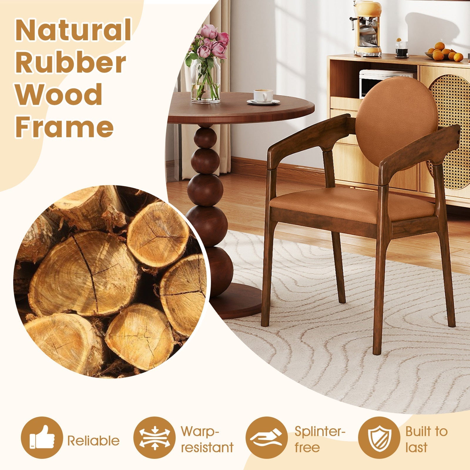 Set of 2 Wooden Dining Chair PU Leather Upholstered Armchairs-Brown
