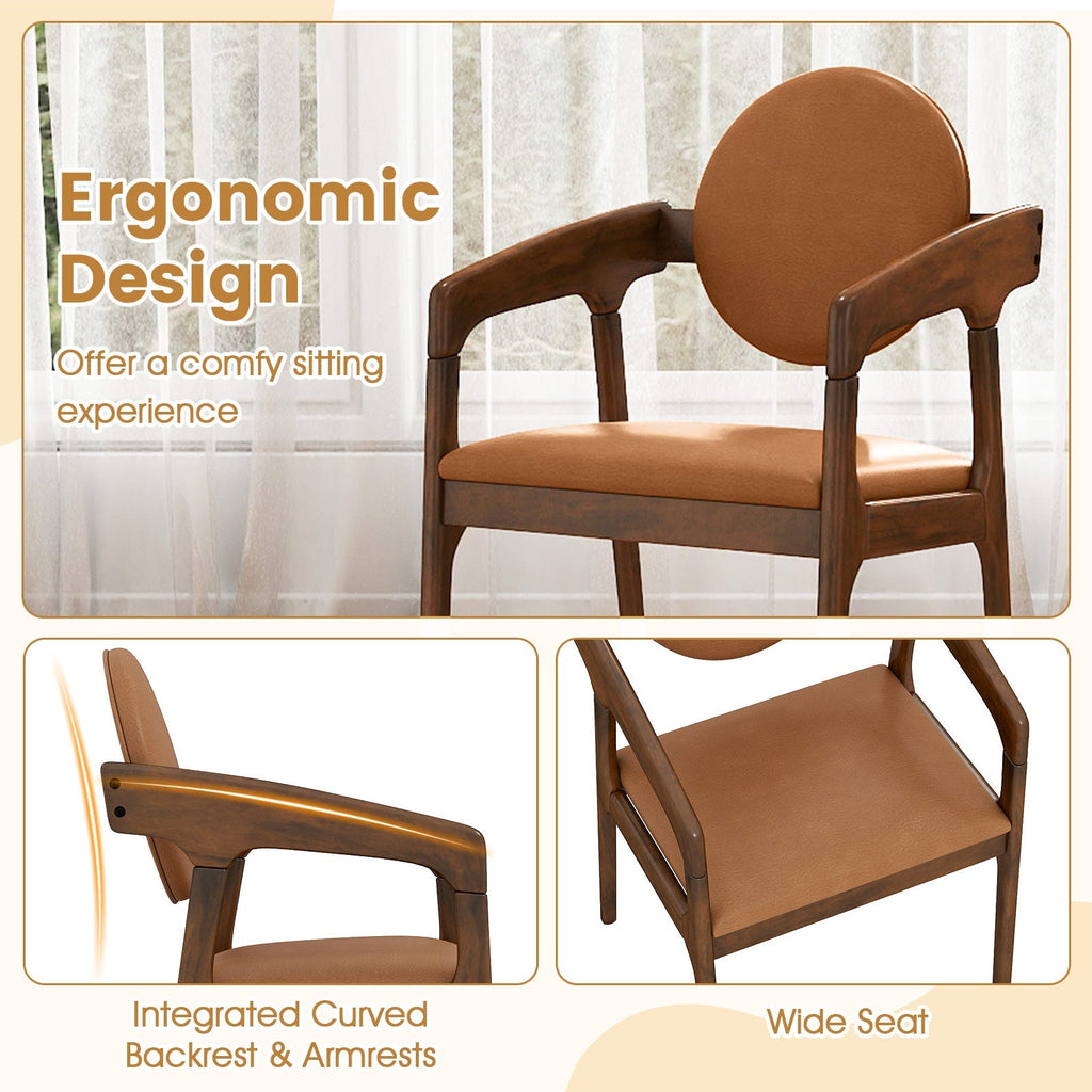 Set of 2 Wooden Dining Chair PU Leather Upholstered Armchairs-Brown