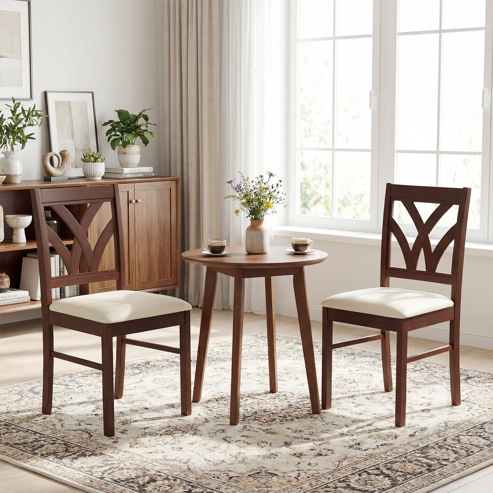 Set of 2 Wooden Dining Chairs Upholstered with Hollowed Backrest and Soft Padded Seat