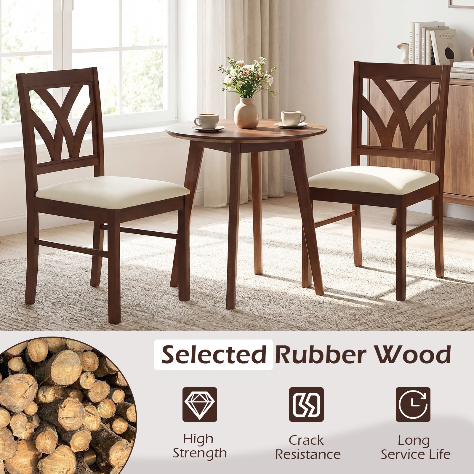 Set of 2 Wooden Dining Chairs Upholstered with Hollowed Backrest and Soft Padded Seat