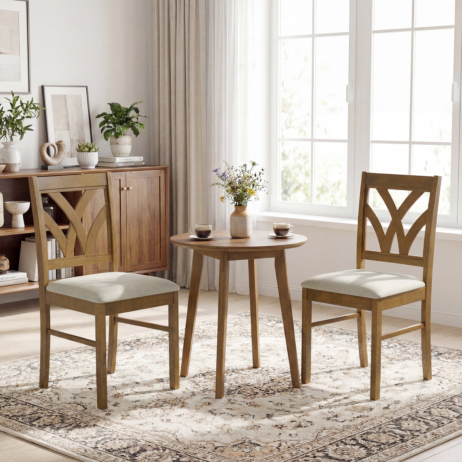 Set of 2 Wooden Dining Chairs Upholstered with Hollowed Backrest and Soft Padded Seat