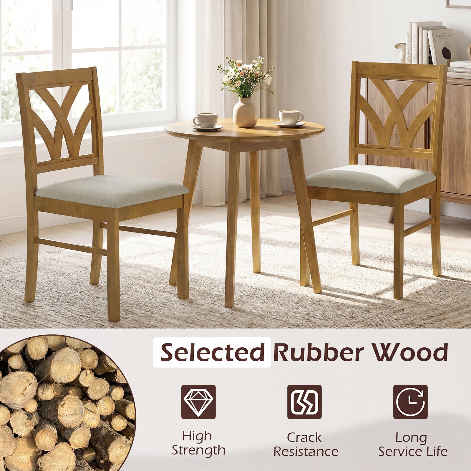 Set of 2 Wooden Dining Chairs Upholstered with Hollowed Backrest and Soft Padded Seat