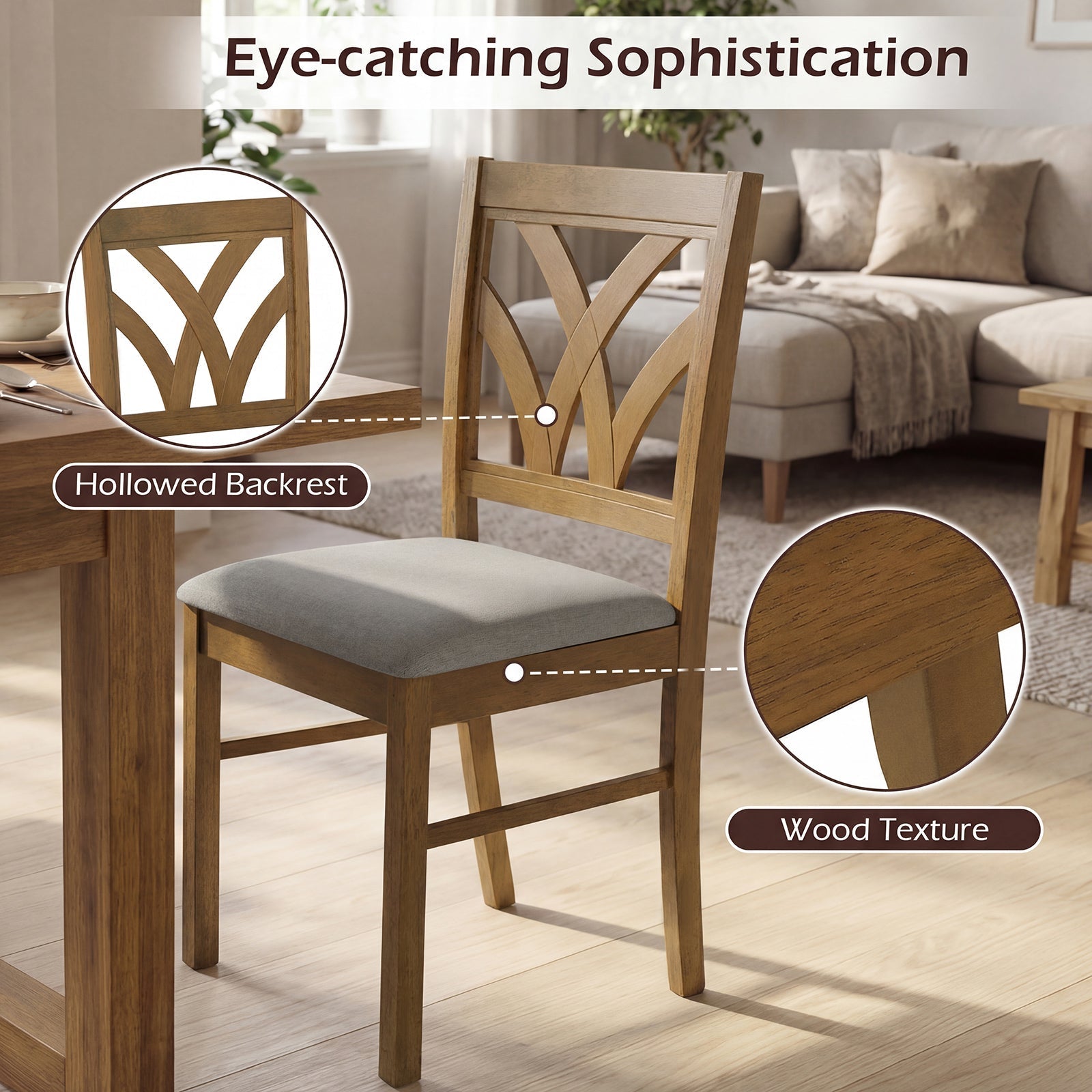Set of 2 Wooden Dining Chairs Upholstered with Hollowed Backrest and Soft Padded Seat
