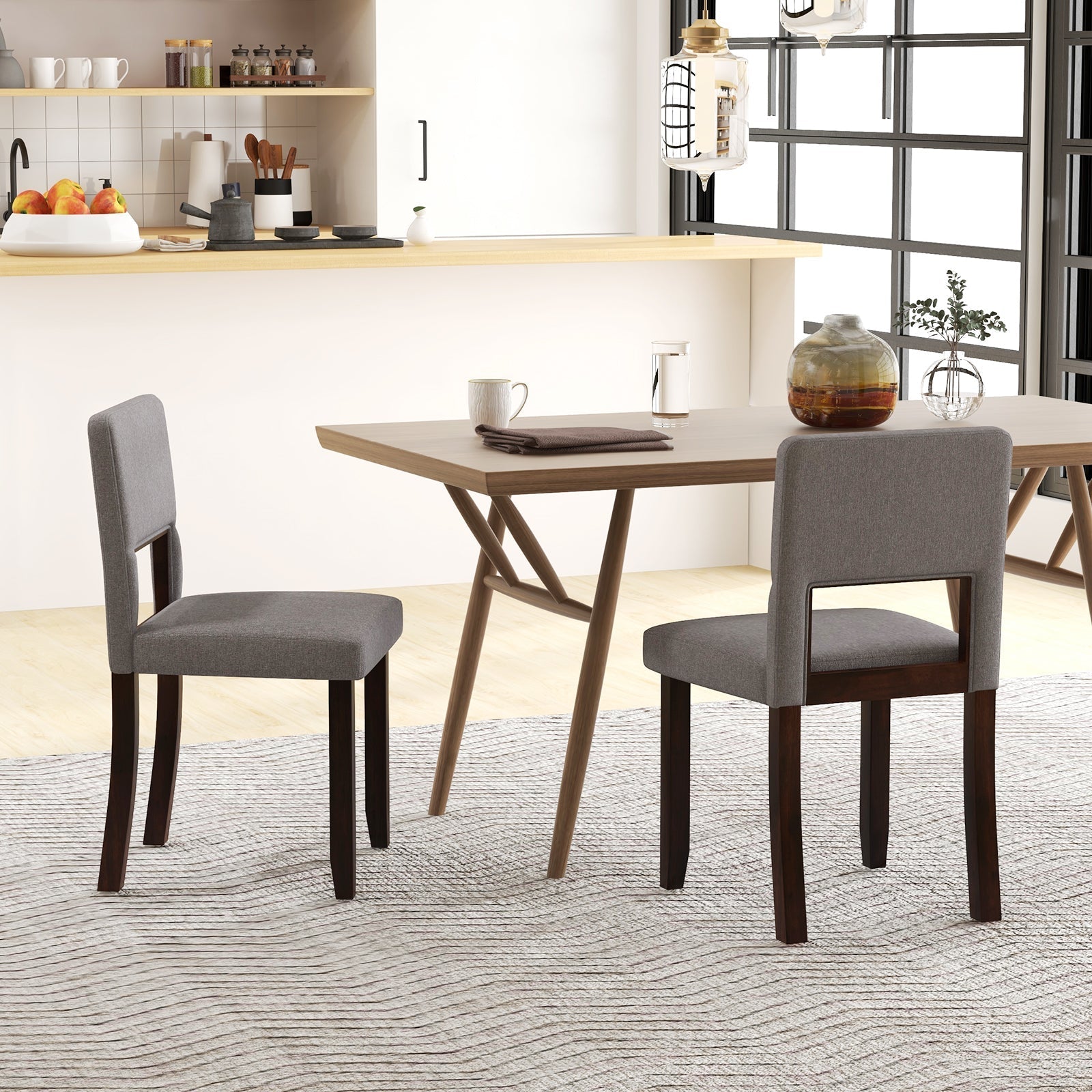 Set of 2 Wooden Dining Chair with Acacia Wood Frame Padded Seat and Back