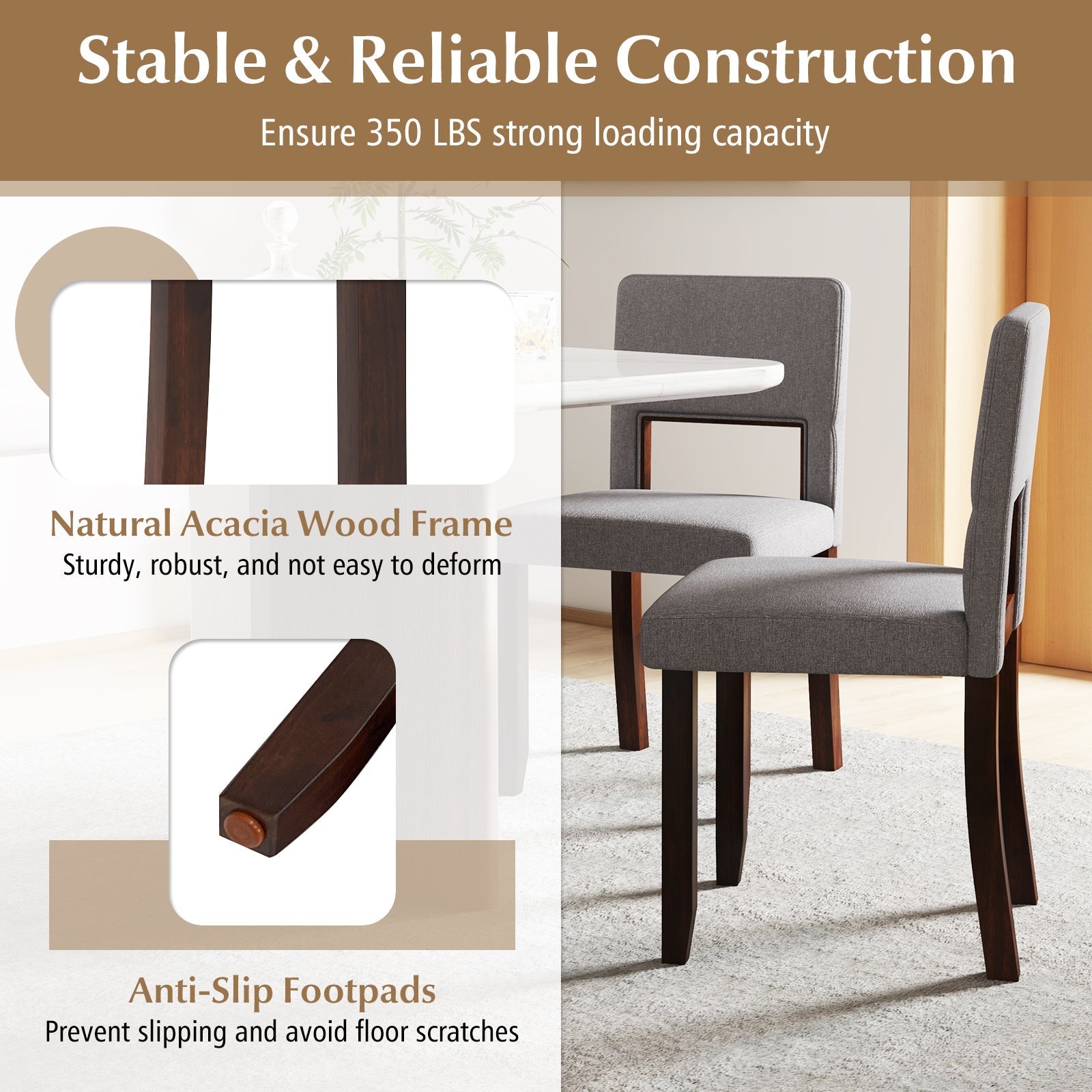 Set of 2 Wooden Dining Chair with Acacia Wood Frame Padded Seat and Back