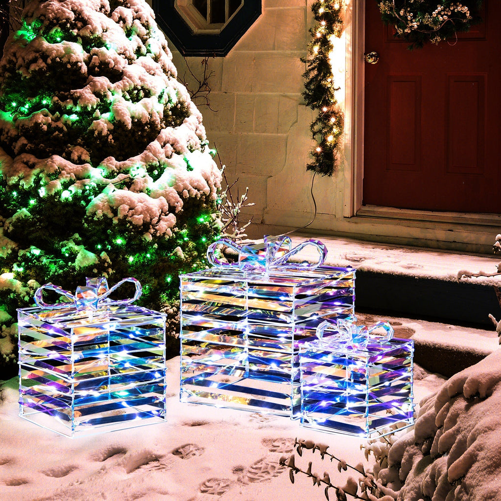 Set of 3 Christmas Lighted Gift Boxes with Bows and Plug