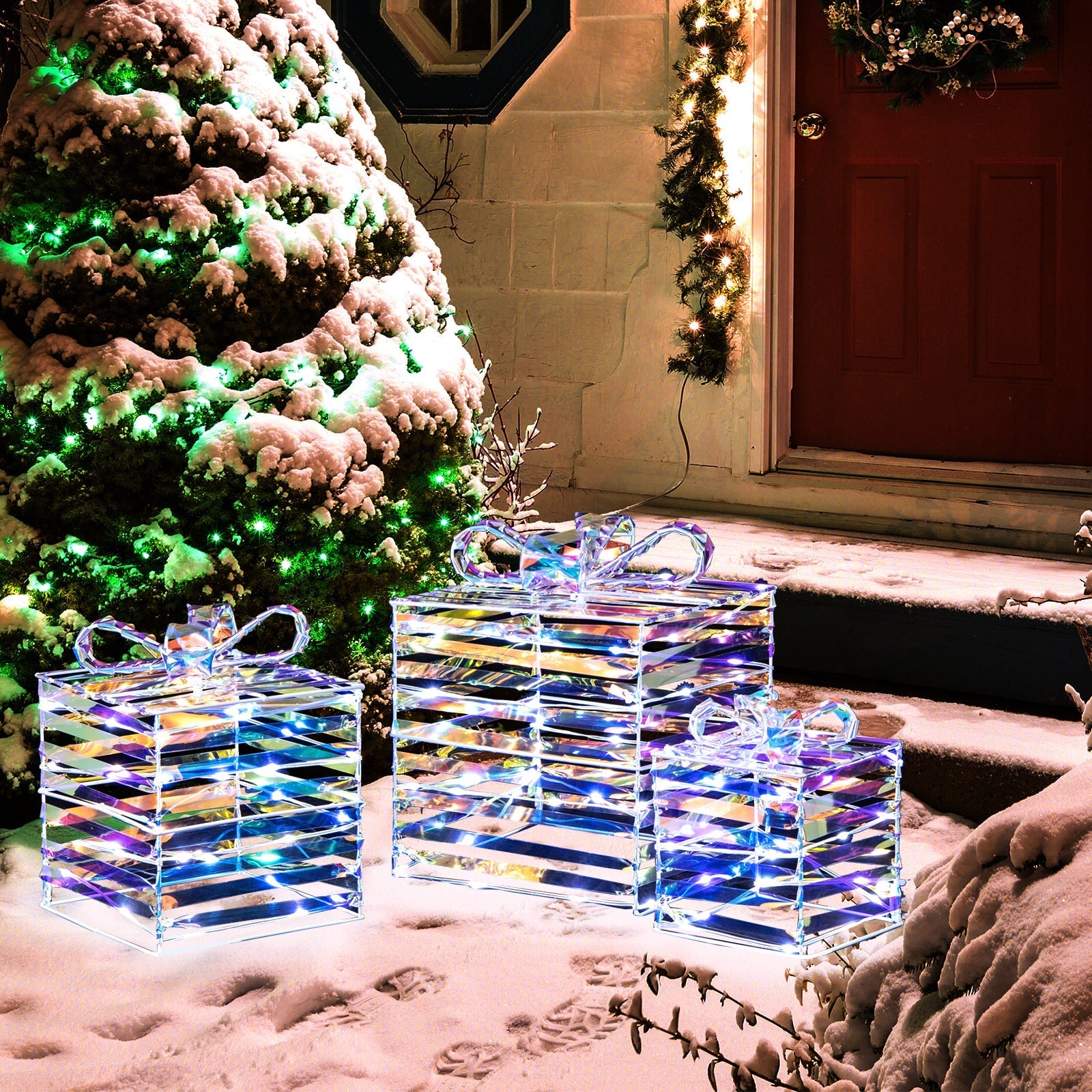 Set of 3 Christmas Lighted Gift Boxes with Bows and Plug