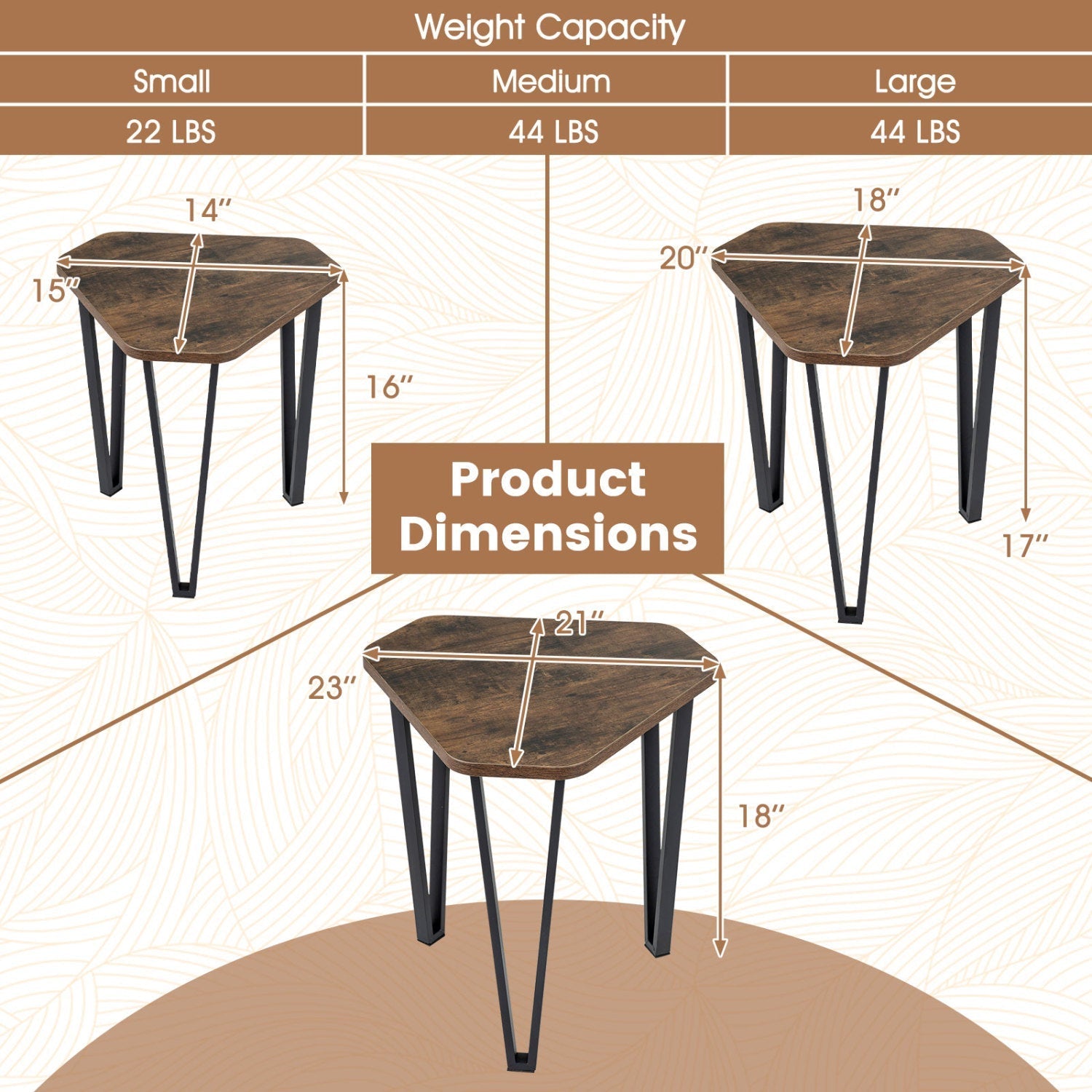 Nesting Coffee Tables Set of 3 with Metal Frame - Rustic Brown