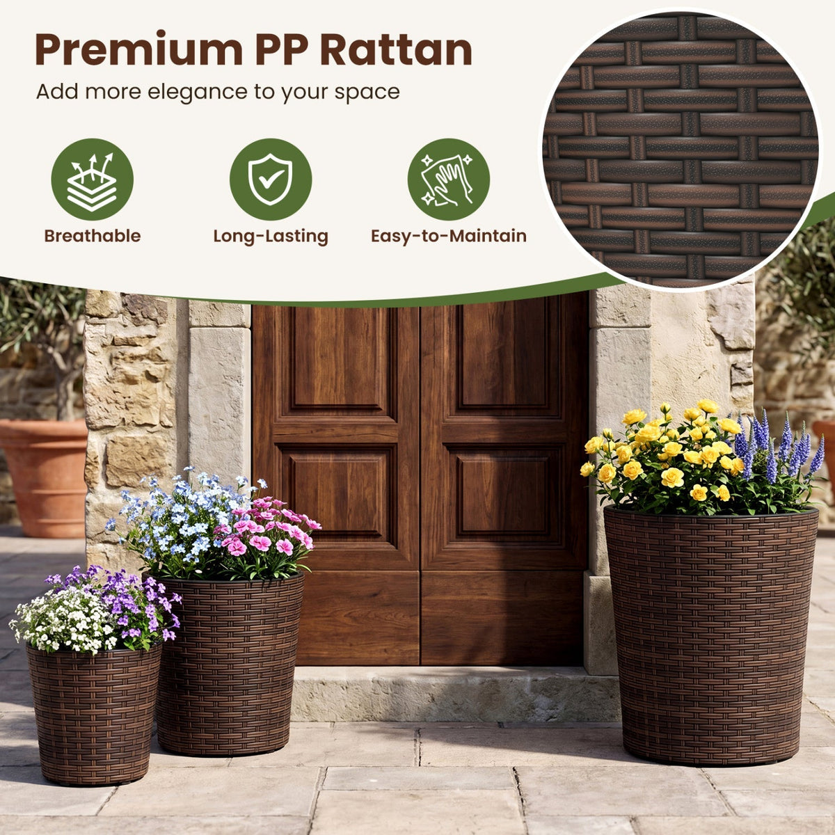 Plastic Rattan Planters Set of 3 with Drainage and Saucers
