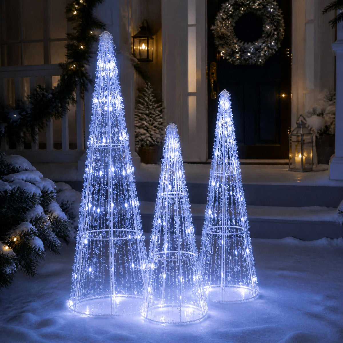 Pre-Lit Christmas Cone Trees Set of 3 with Cold White Lights
