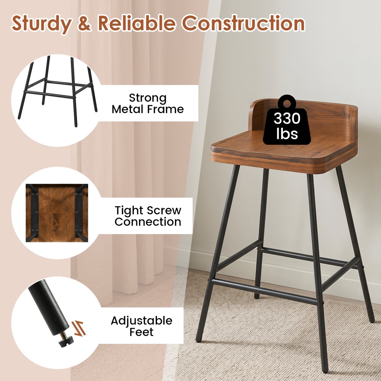 24" Industrial Bar Stool with Low Back - Set of 4