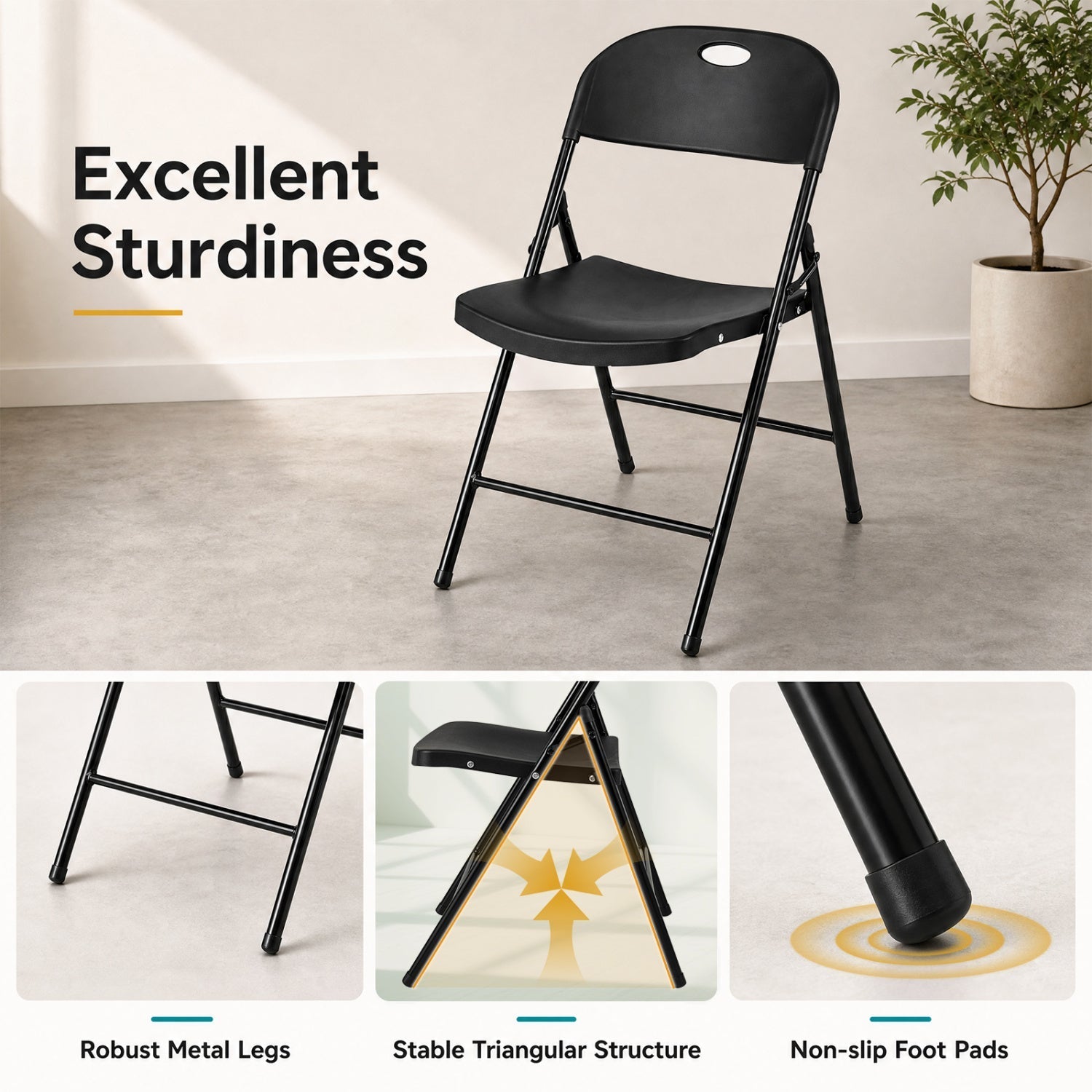 Foldable Plastic Dining Chairs Set of 4 with Ergonomic Backrest