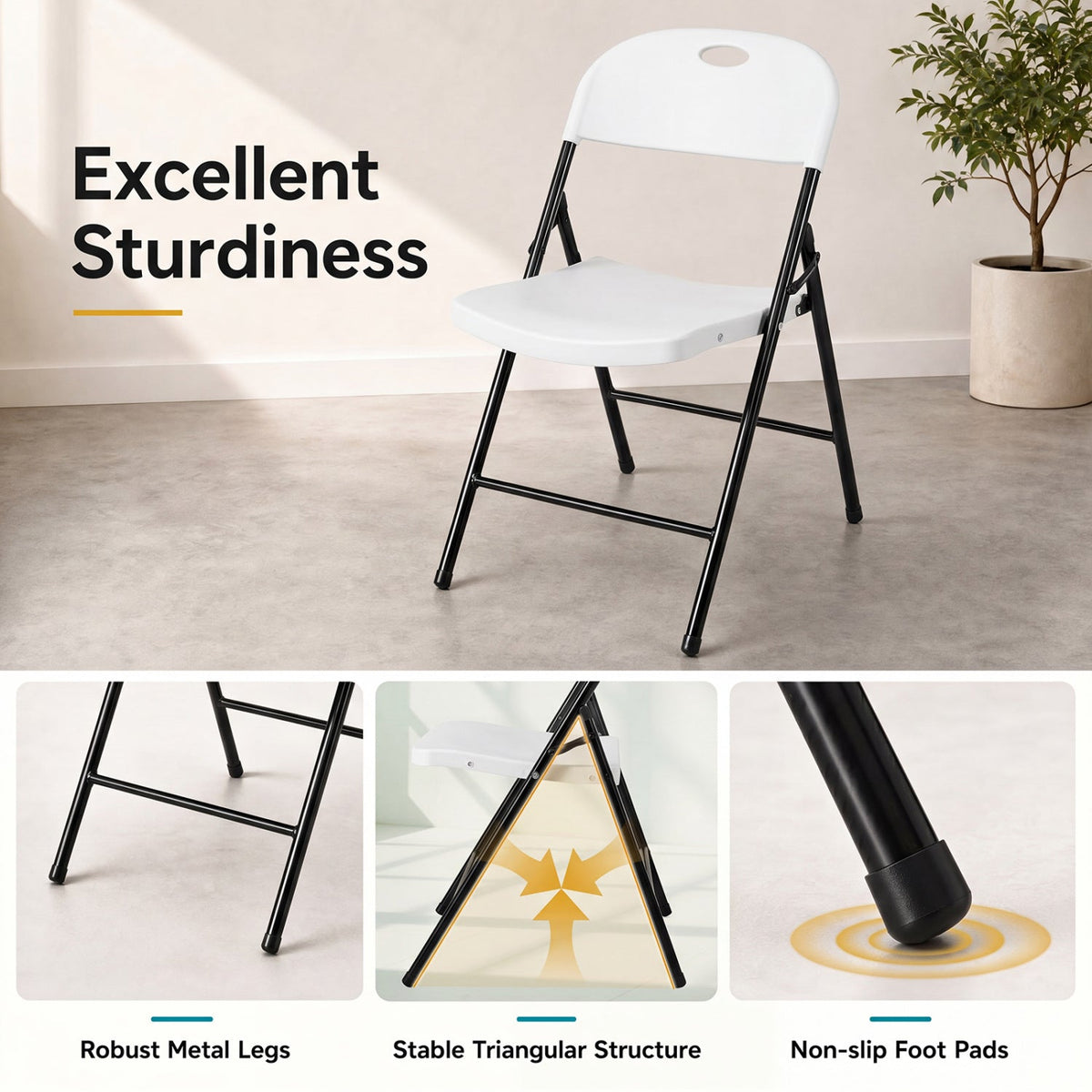 Foldable Plastic Dining Chairs Set of 4 with Ergonomic Backrest