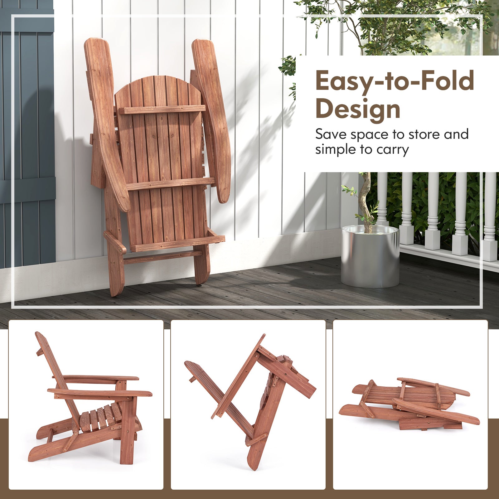 Folding Adirondack Chair Set of 2 with High Backrest and Wide Armrests