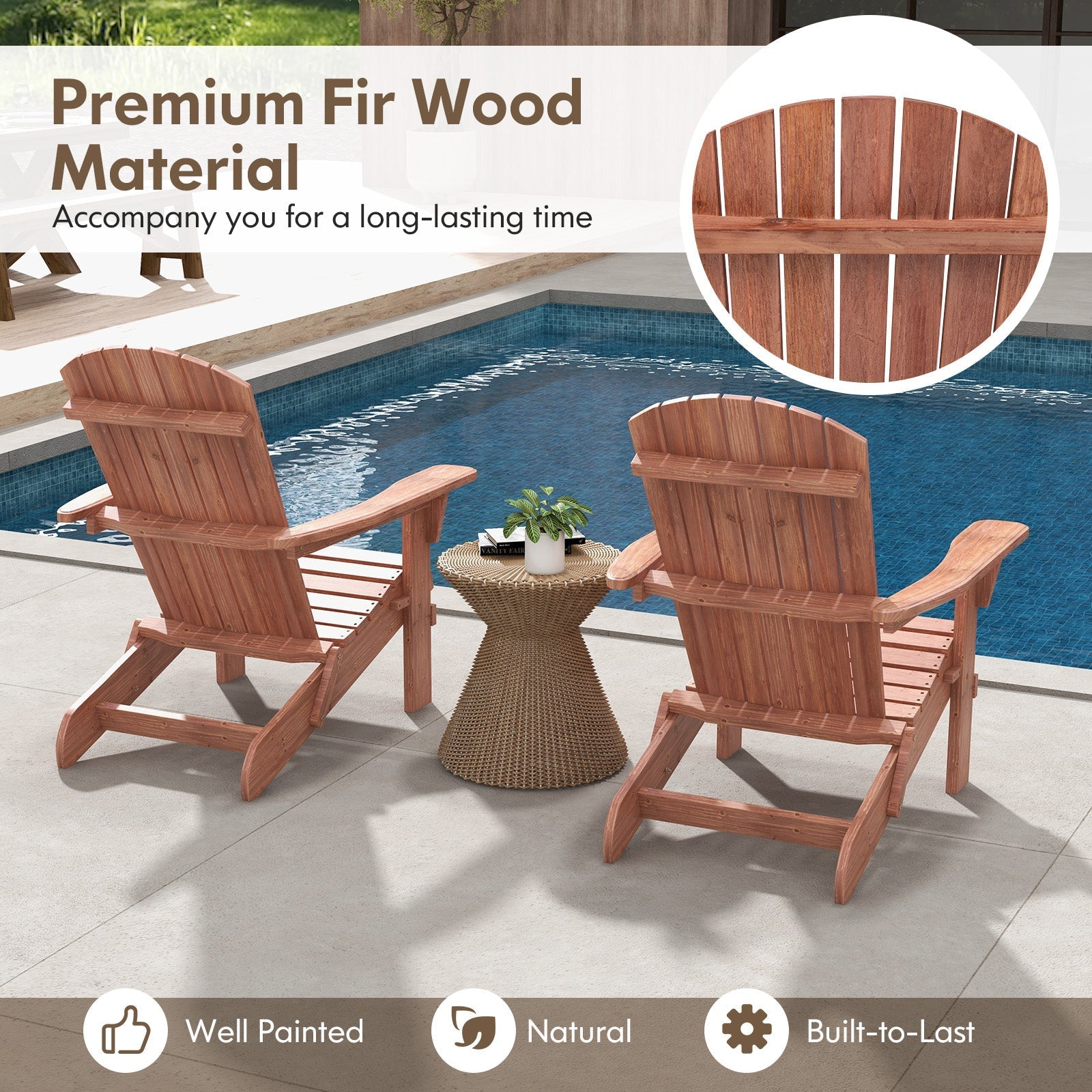 Folding Adirondack Chair Set of 2 with High Backrest and Wide Armrests