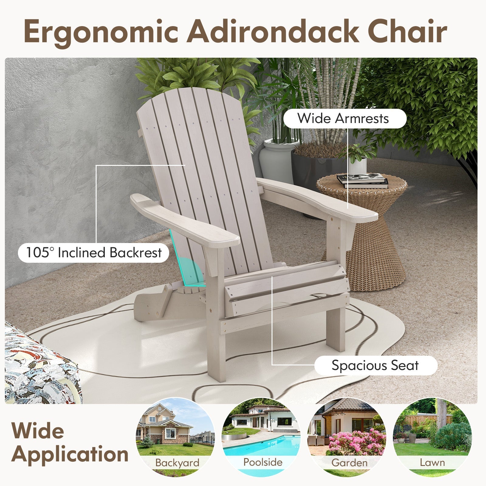 Folding Adirondack Chair Set of 2 with High Backrest and Wide Armrests