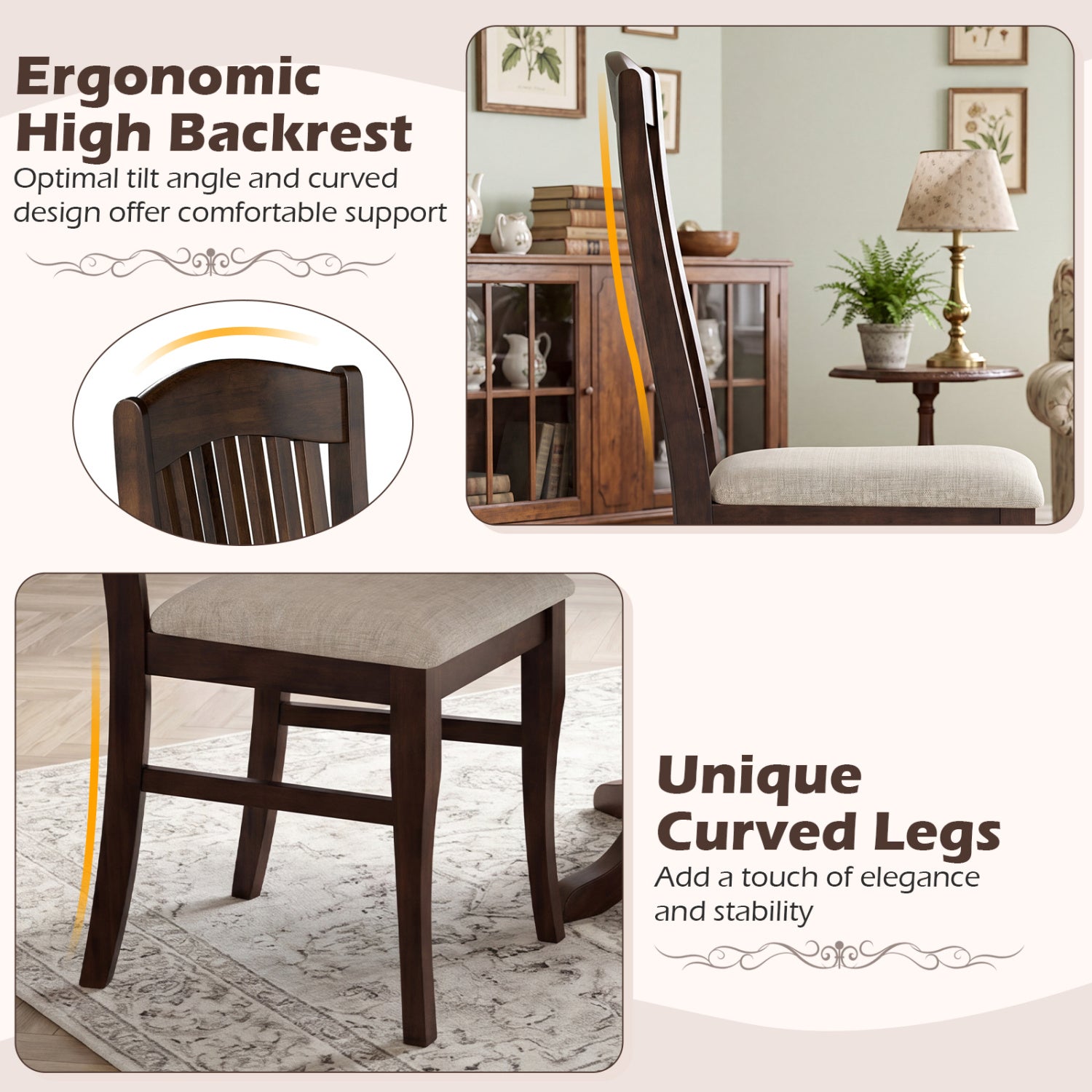 Dining Chairs Set of 4 with Padded Seats and Rubber Wood Frame