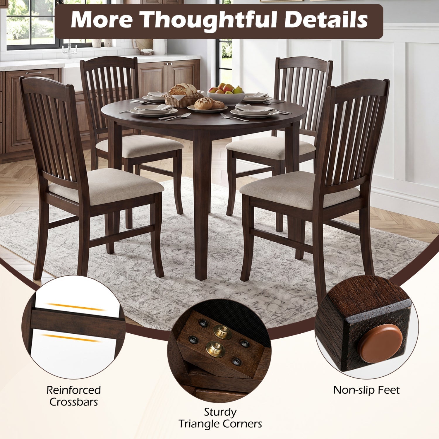 Dining Chairs Set of 4 with Padded Seats and Rubber Wood Frame