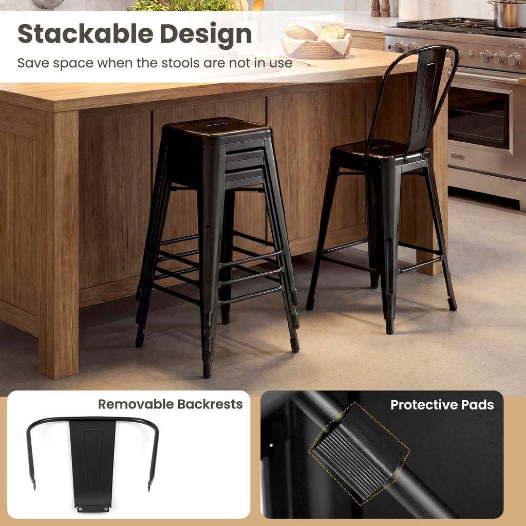 Set of 4 Metal Bar Stools with Backrests and Footrests